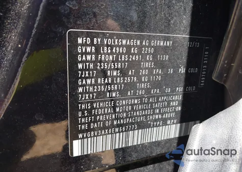 2014 Volkswagen Tiguan Se from USA, damaged, VIN WVGBV3AX6EW567773